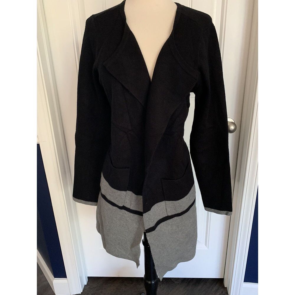 Liz Claiborne Cardigan Duster Grey Black Womens Large Soft Warm Colorblock 313‎